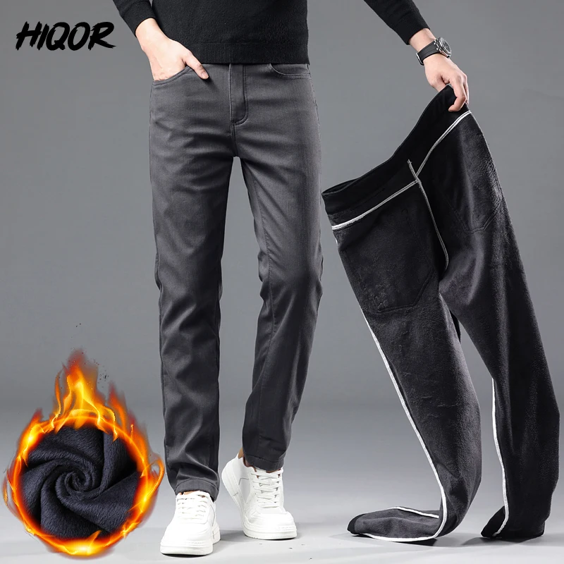 HIQOR Men\'s Fleece Straight Leg Casual Pants Winter Mens Business Work Pants Thick Cotton Army Green Trousers Male Suit Pants