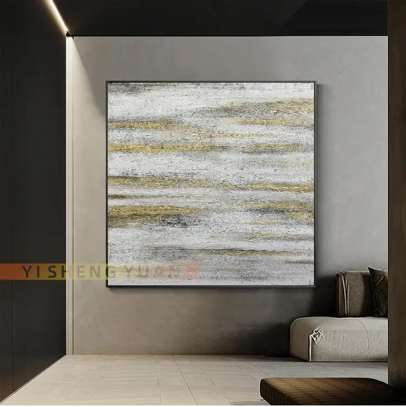 Pure Hand-painted Gold Foil Line Abstract Frameless Oil Painting Modern Art Mural Living Room Simple Warm Color Decoration