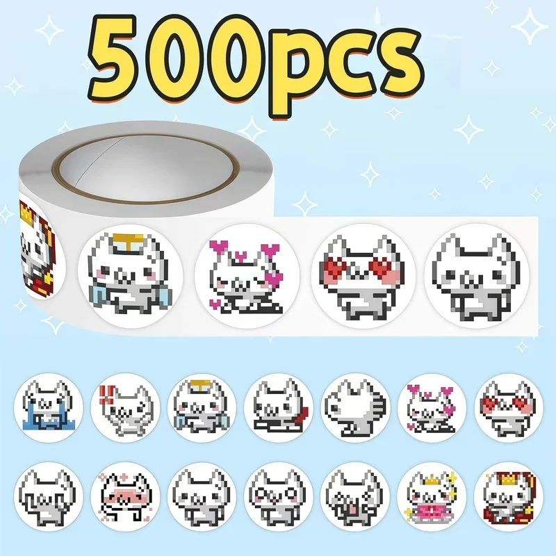 500Pcs Pixel Art Cute Cat Sticker Roll, Retro 8‑Bit Style Multi‑Pose Kitten Decals for Journaling, DIY Crafts & Package Sealing