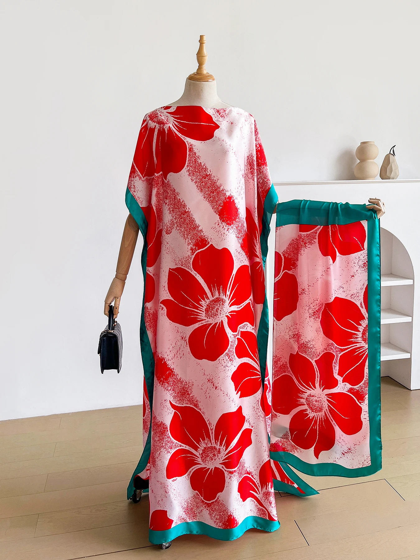 Summer Boho Floral Print Abaya With Scarf, Loose Batwing Maxi Kaftan For African Muslim Women Beach Holiday Wear - view 4