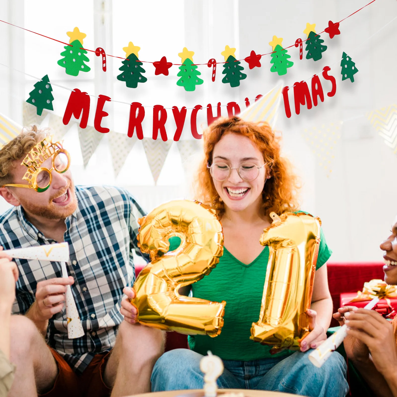 

6Pcs Christmas Garland Felt Banner Indoor Outdoor Mantle Decorations Xmas Hanging Bunting Party Wall Decor Felt Garland