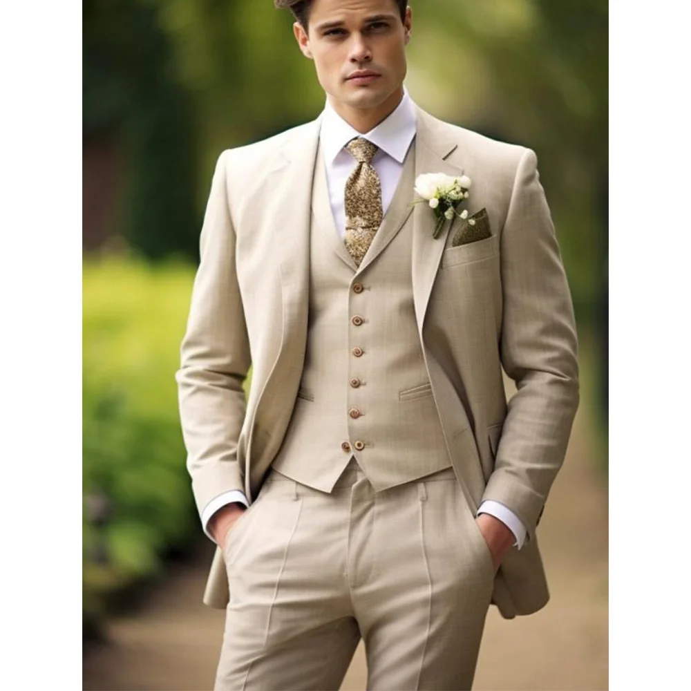 Men\'s Three-piece Elegant and Fashionable Slim Solid Color Design Groom Wedding Dress Trousers Boyfriend Suit for Wedding Full