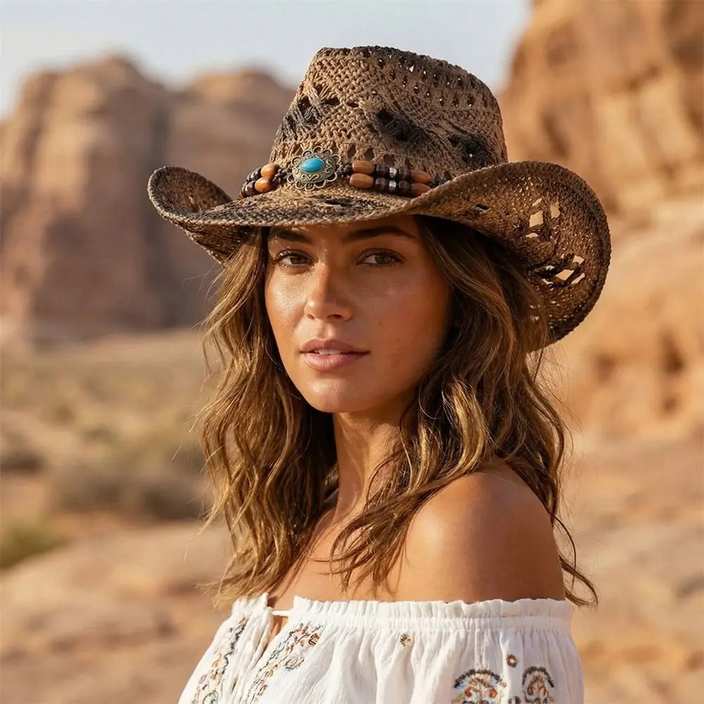 

Retro Wide Brim Western Cowboy Hat Beads Solid Color Panama Cap Hollow Out Breathable Sunscreen Straw Hat Men