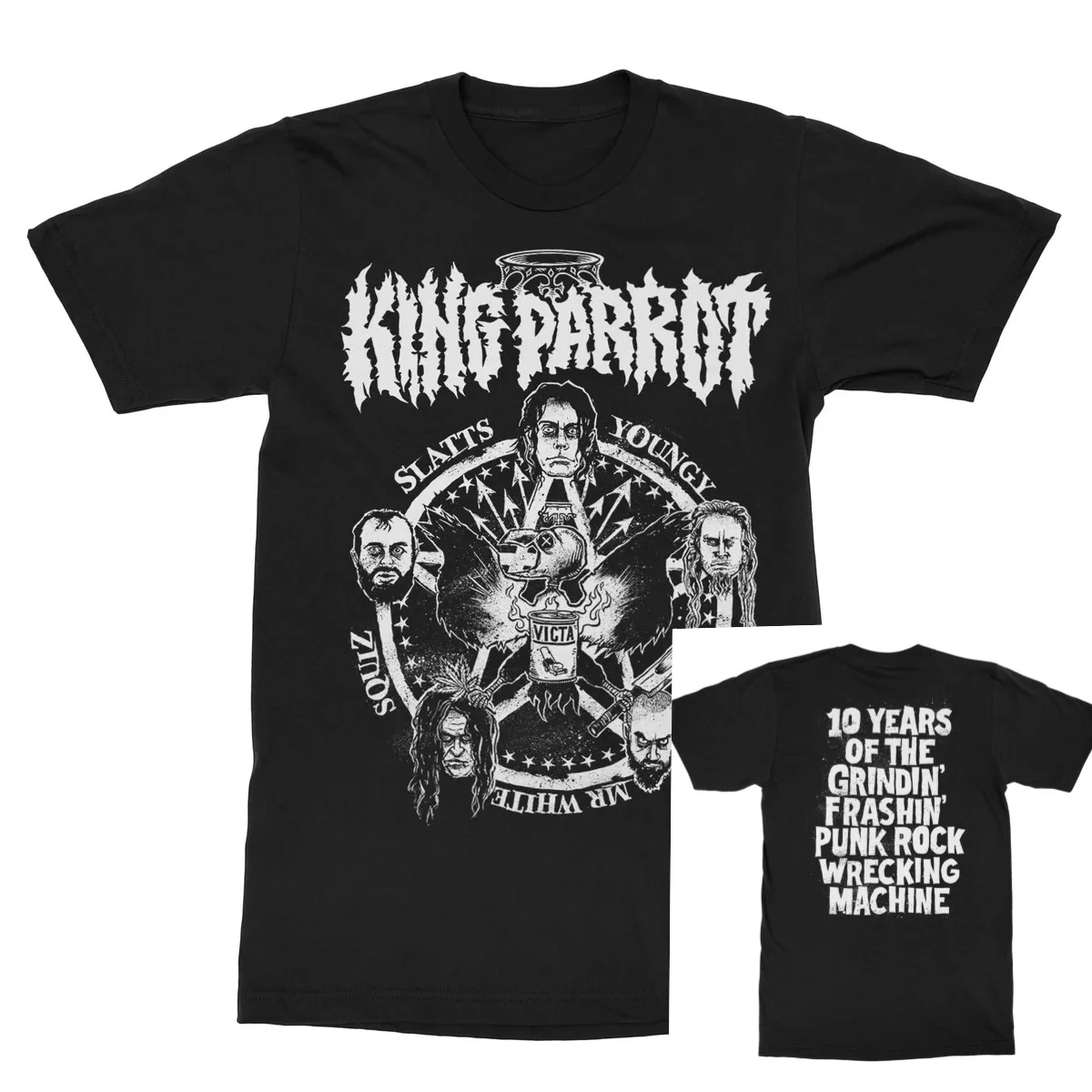 King Parrot Band Circular Member Portrait Skull Wing Double Sided Art Print T Shirt Punk Metal Unisex Tee for Rock Fans