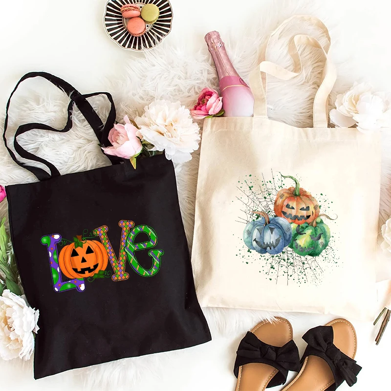 Fashion Halloween Pumpkin Print Handbag Women Design Shopping Bags Teenager Reusable Canvas Tote Bag Female New Shoulder Bag