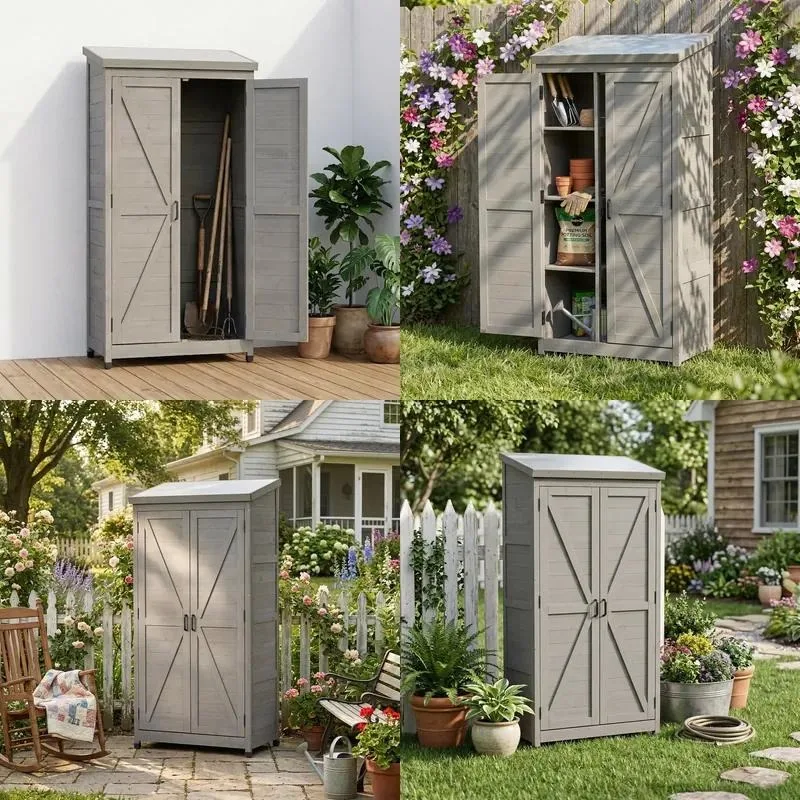 Outdoor Wooden Storage Shed Vertical Tool Cabinet with Metal Top