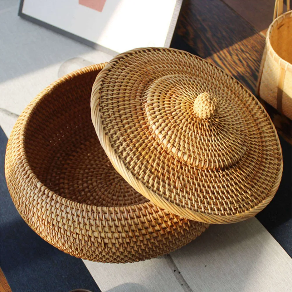 

ABWR-2X Round Rattan Box,Wicker Fruit Basket With Lid Bread Basket Tray Storage Basket Willow Woven Basket For Bread, Snack