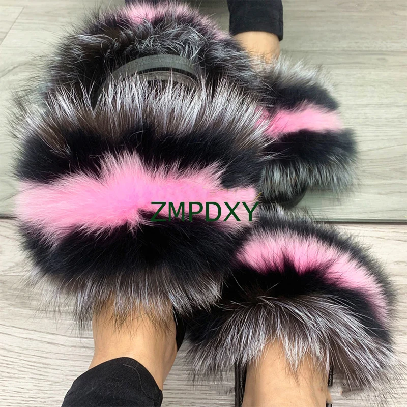 Wholesale New Designer Indoor EVA Racoon Furry Big Fur Slides Sandals Vendor Colorful Fluffy Fox Raccoon Fur Slipper For Women