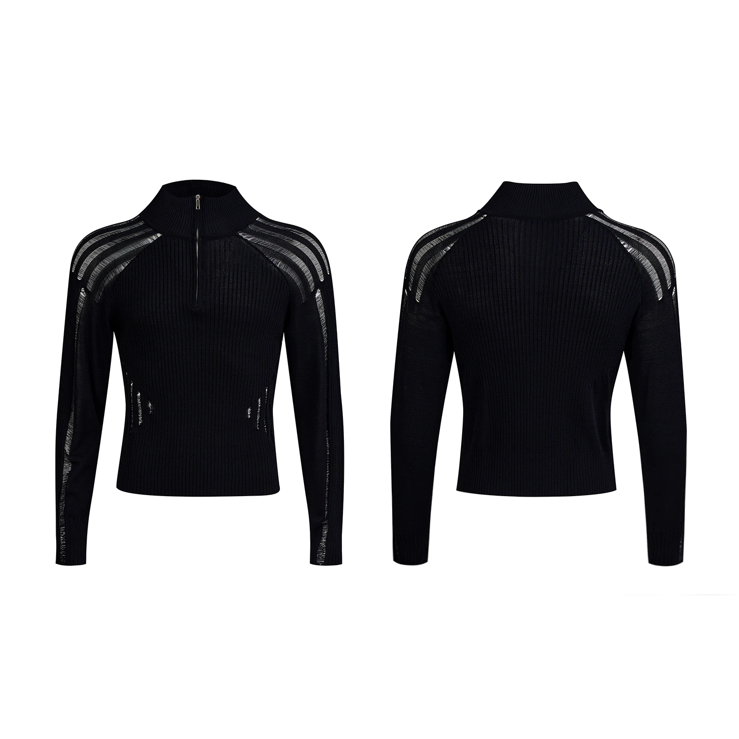 Black Thin Long Sleeved Sweater Cardigan Men in Early Autumn Hollowed Out Stand Up Collar Slim Fit Knit Sweater Jackets