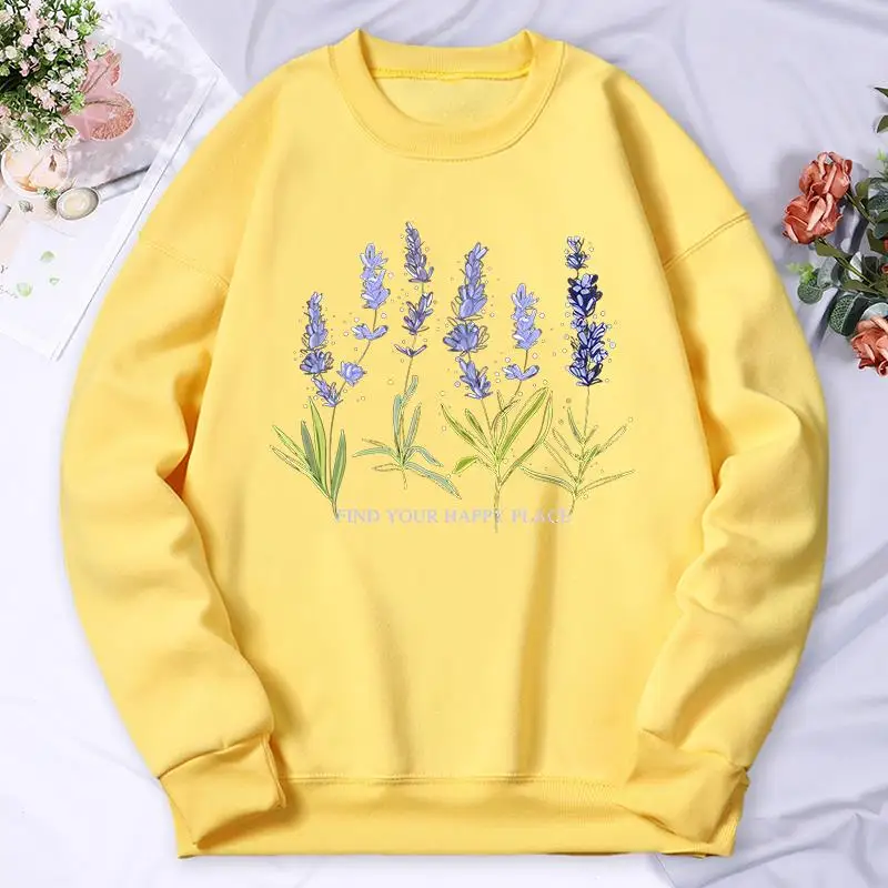 Beautiful Of Lavender Printing Women Hoodie Street Fleece Hoody Crew Neck Autumn Sweatshirt Hip Hop Oversize Clothing Female