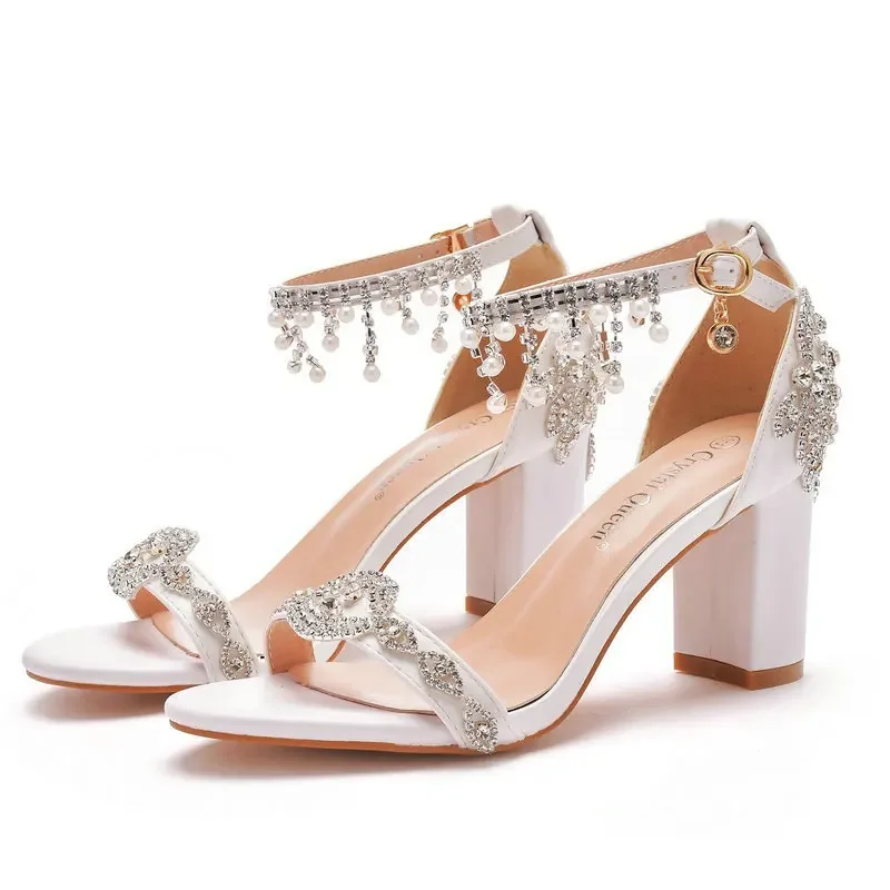 Summer 7cm Thick Heel Shallow Mouth One Line with Beaded Sandals White Rhinester Tassel Bridal Wedding Shoes