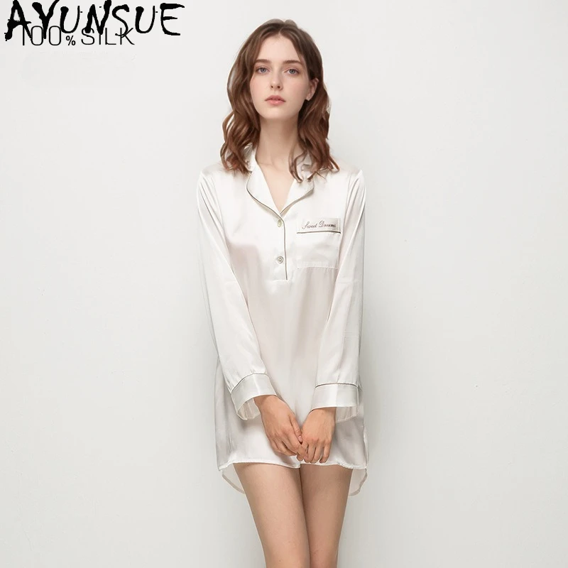 

AYUNSUE 100% Mulberry Silk Night Dress Women 16MM Real Silk Nighties 2026 Spring Summer Shirt Dresses Sleepwear Pijama Feminino