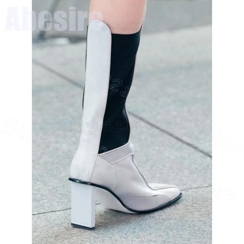 

White Square Toe Black Sole Runway Boots Slip On Women Shoes Chunky High Heels Fashion Party Banquet 2024 Zapatos Para Mujere