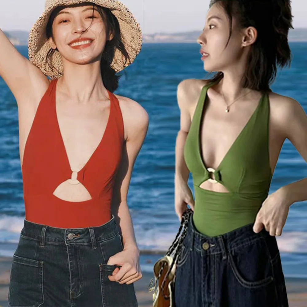 

Fanceey Ins Style Swimsuit for Women Retro Fit Sexy Backless Strapless Slimming Camisole Korean One-piece Swimsuit