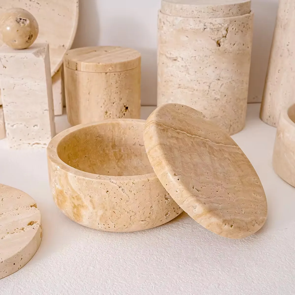 

Cross-border hot sale beige travertine decorative ornament decorative bowl marble storage box sundries storage jars
