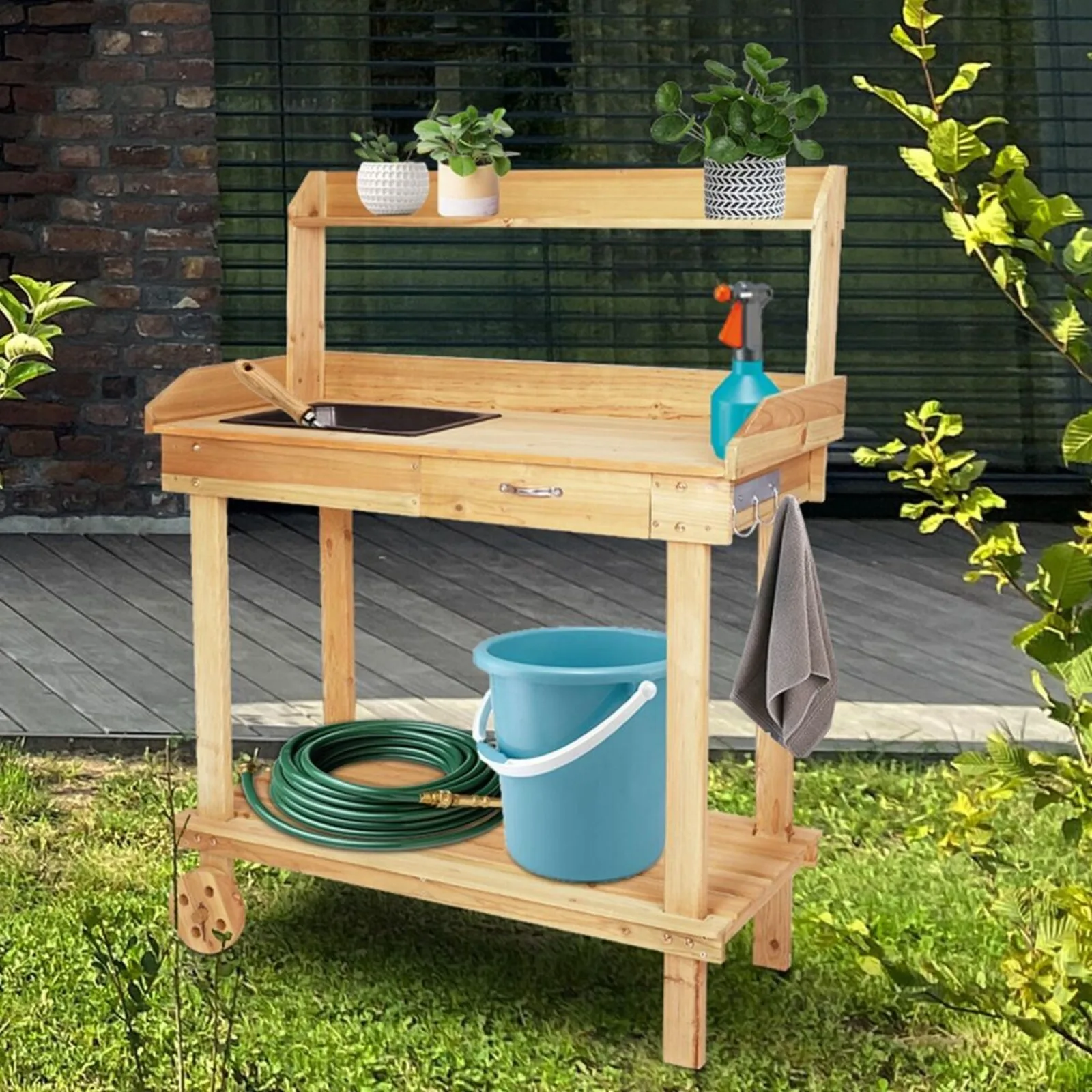 

US Garden Potting Bench Table Outdoor Planting Work Cabinet Shelf Drawer