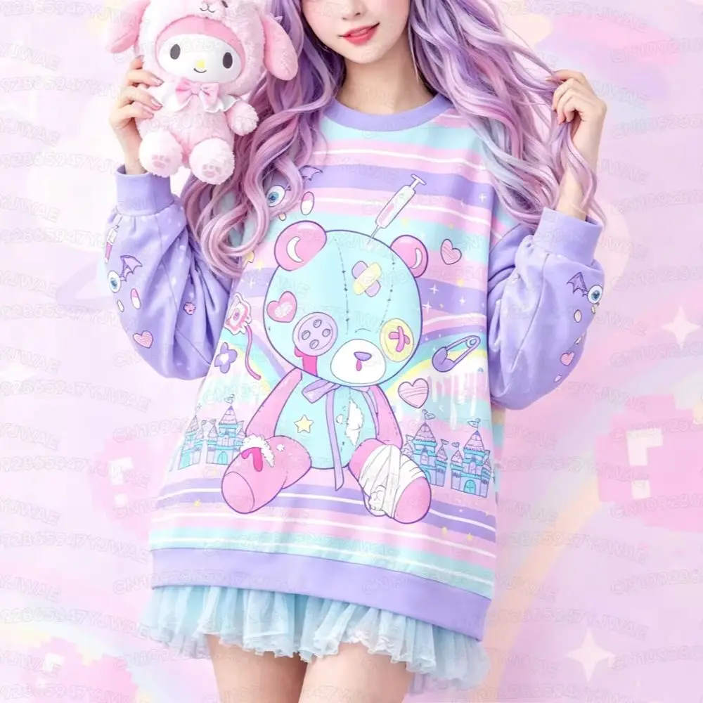 Hurt Bear Damen-Sweatshirt Niedlicher Kawaii Regenbogen-Bär Fairy Kei Menhera Yami Kawaii Harajuku Pastel Goth Langarm-T-Shirt Top – Detail 9