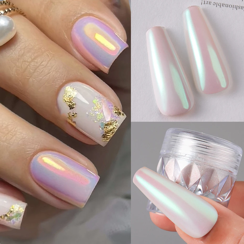 1 Box White Chrome Pearl Nail Powder Aurora Mirror Nail Art Powder Pigment Fairy Pink Effect Rubbing Glitter Nail Art Decoration image 4
