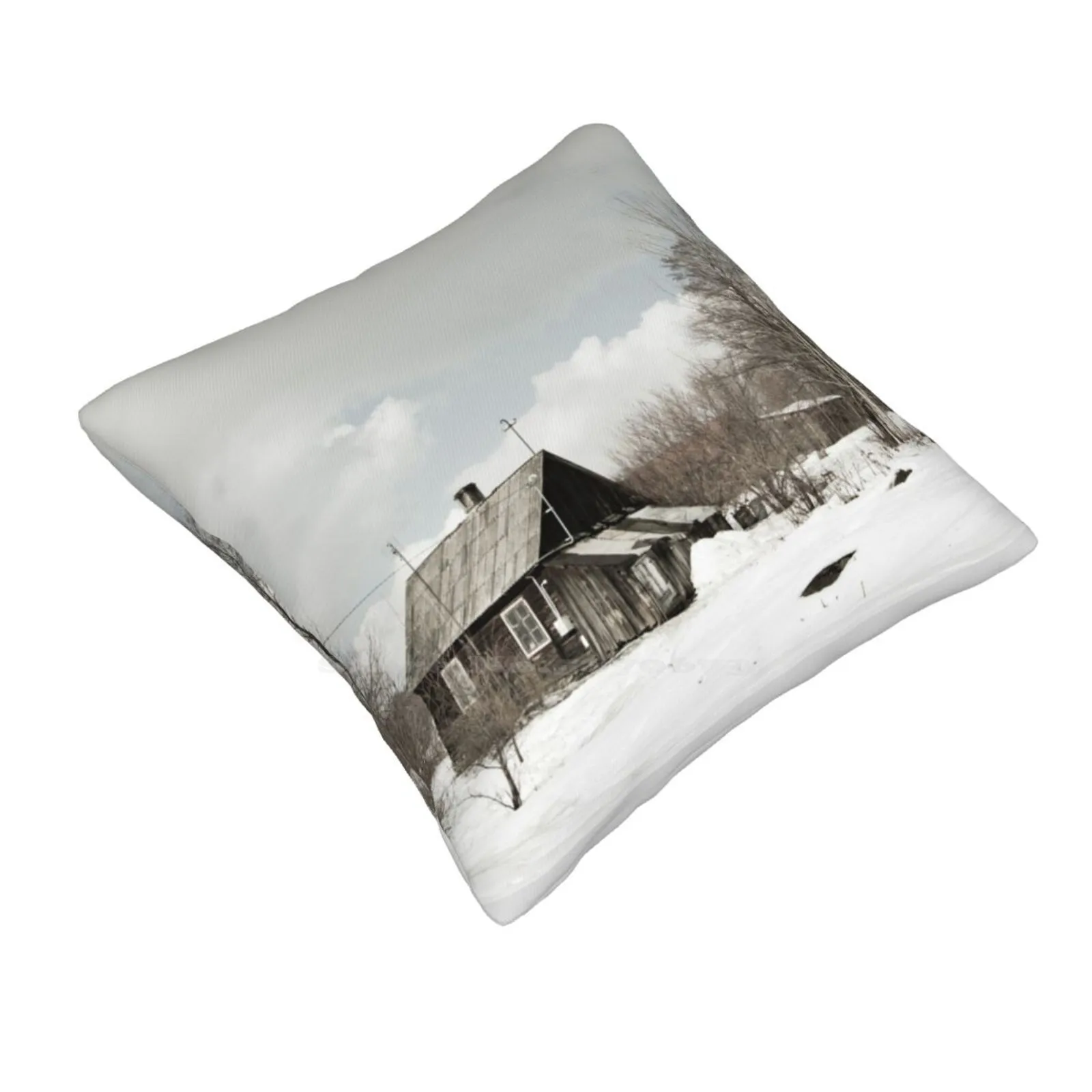 Dilapidated Wooden House Cottage In Winter Soft Comfortable Pillowcase Abandoned Architecture Building Cloudy Cottage