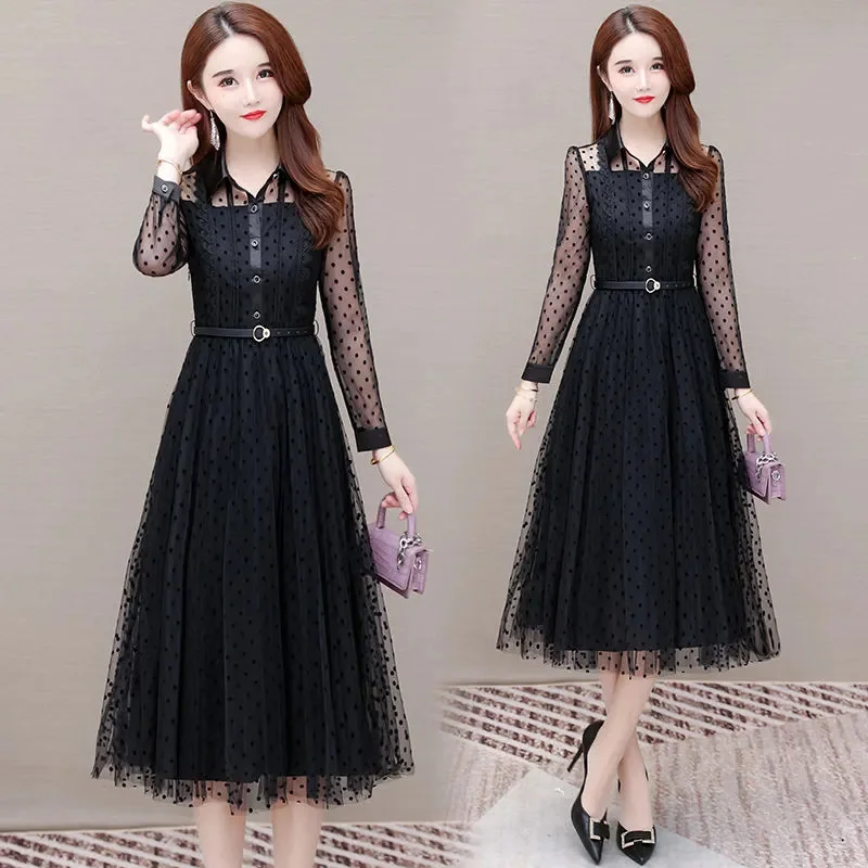 Fake Two-piece Gauze Dress Women Spring and Autumn 2024 New Fashion Mother Installed Waist-shrinking and Slim Polka-dot Skirt