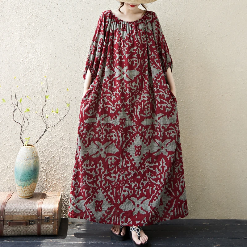 

Large Size Artistic Cotton Linen Print Loose Meat Concealing Slimming Holiday Style Robe Lantern Sleeve Long Dress