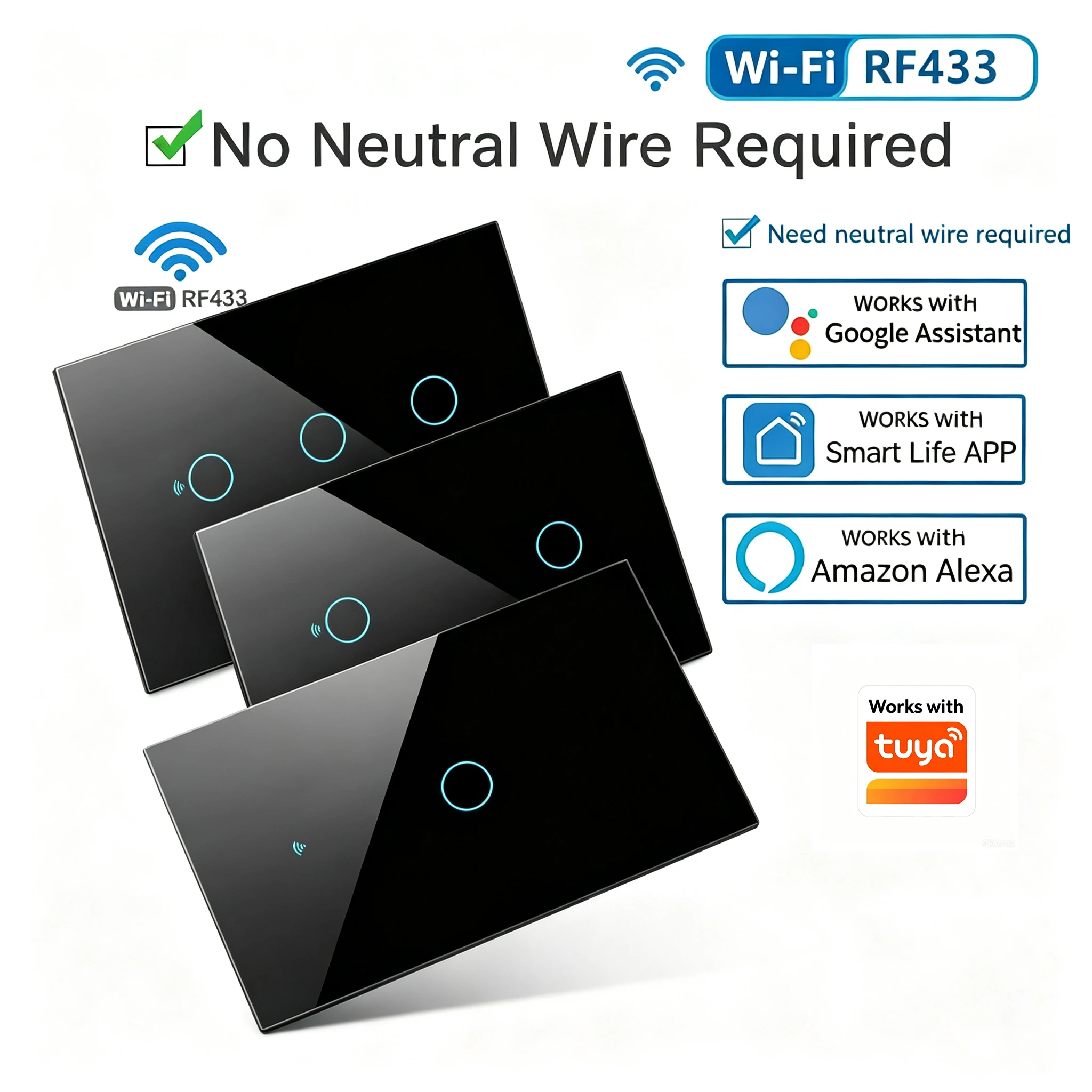 US WiFi Smart Wall Switch RF433 1/2/3/4 Gang No Neutral Wire Touch Sensor Light Switches Works with Tuya APP Alexa Google Home