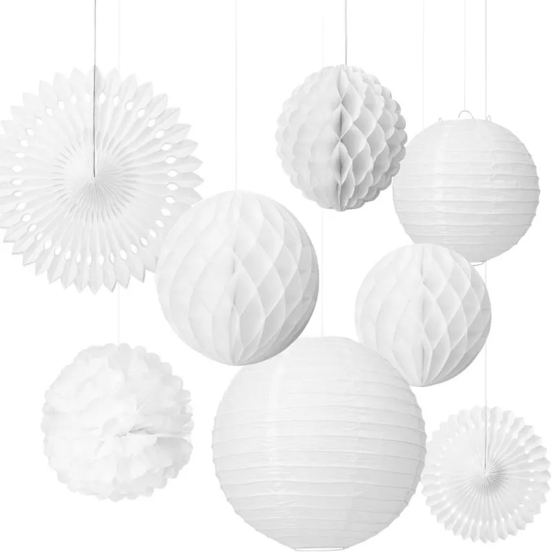 12Pcs Lanterns Pom Poms Honeycomb Balls Fan Decoration Set White for Wedding Celebration Birthday Party School