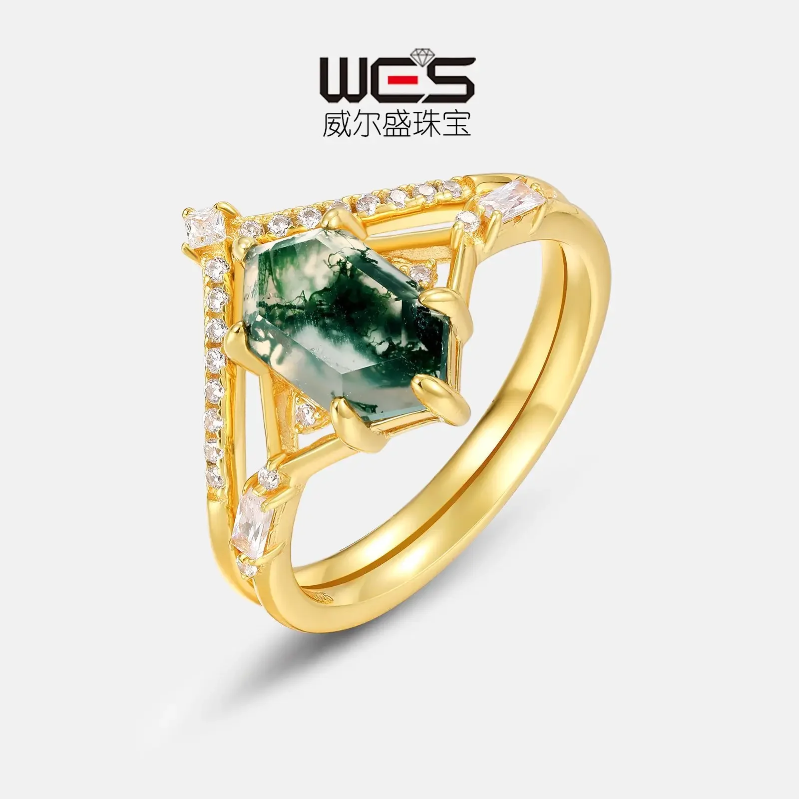 Geometric Agate Index Finger Ring 18K Gold Inlaid with Colored Baby Stones PT950 Platinum Green Moss Stone Combination Ring