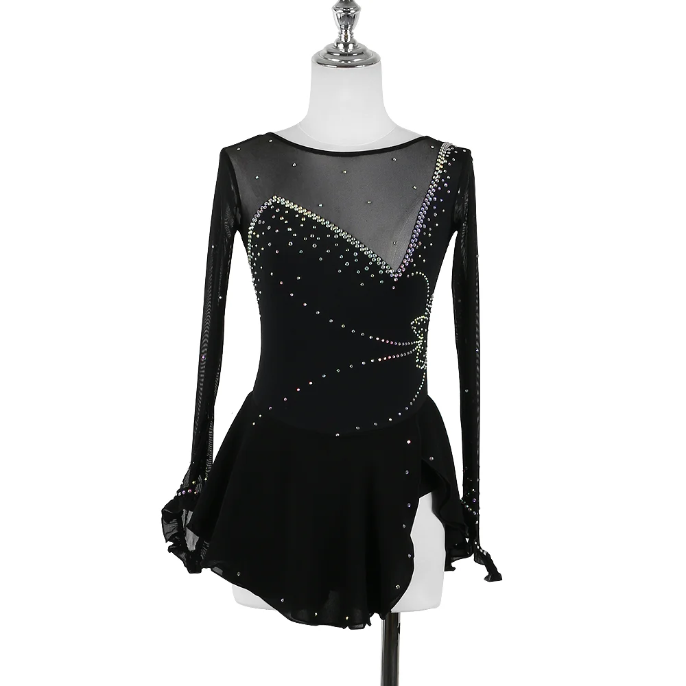ZAGITOVA Eiskunstlaufkleid Damen Mädchen Langarm Eiskunstlauf Röcke Strass Wettbewerb Mesh Rock Kostüm