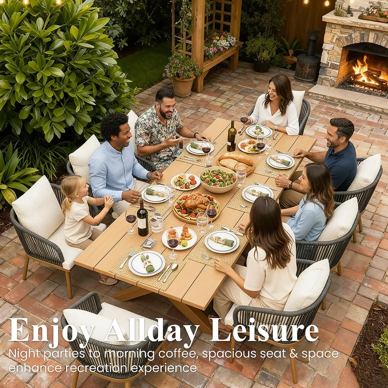 9 Pieces Outdoor Patio Dining Set Aluminium Rectangular Table Wicker Rattan Chairs Backyard Poolside, Customized