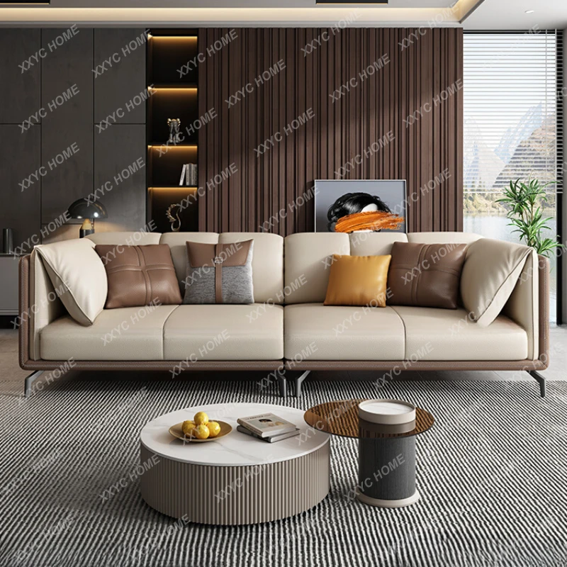 Minimalist Leather Sofa First Layer Cowhide Living Room Small Apartment Napa Straight Row Leather Sofa