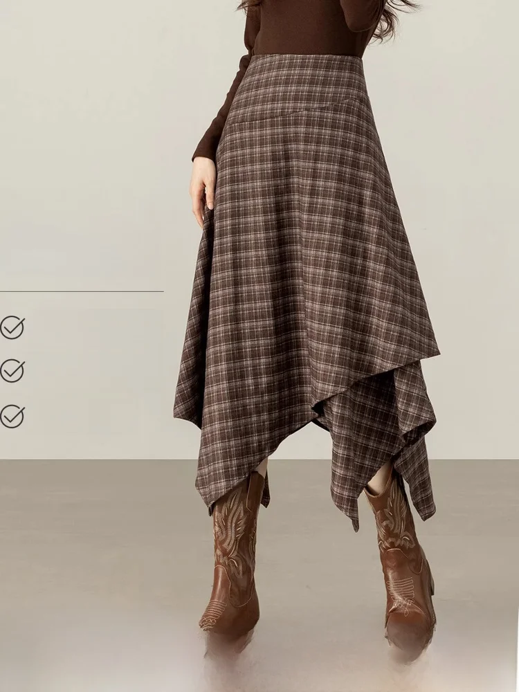 

Юбка А-силуэта с высокой талией женская зимняя 2026 года, новая, асимметричная, приталенная, в клетку, кофейного цвета, модная, с эластичным поясом