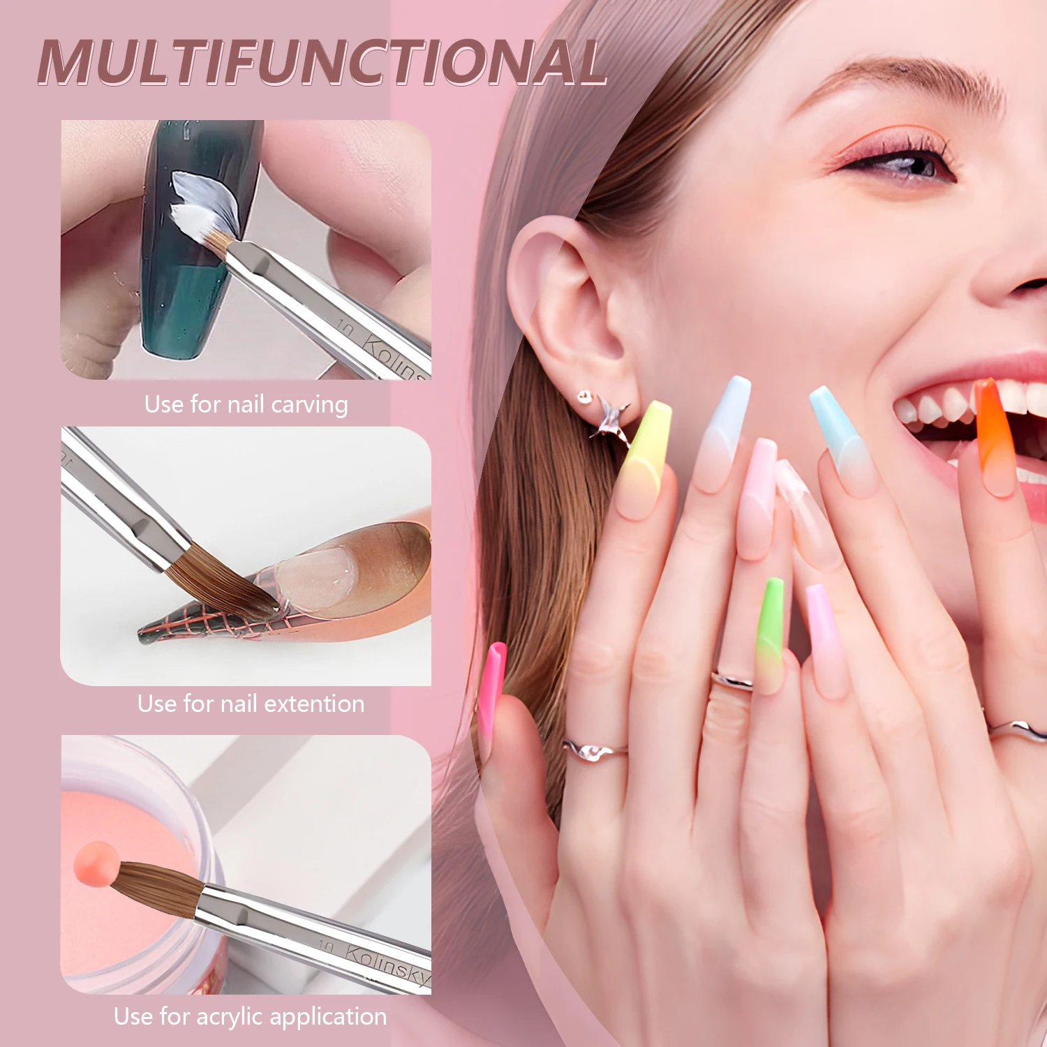 ピンクダイヤモンドハンドルのコリンスキーネイルブラシ # 16、アクリルシンフォニーデザインペン、プレミアムネイル用品