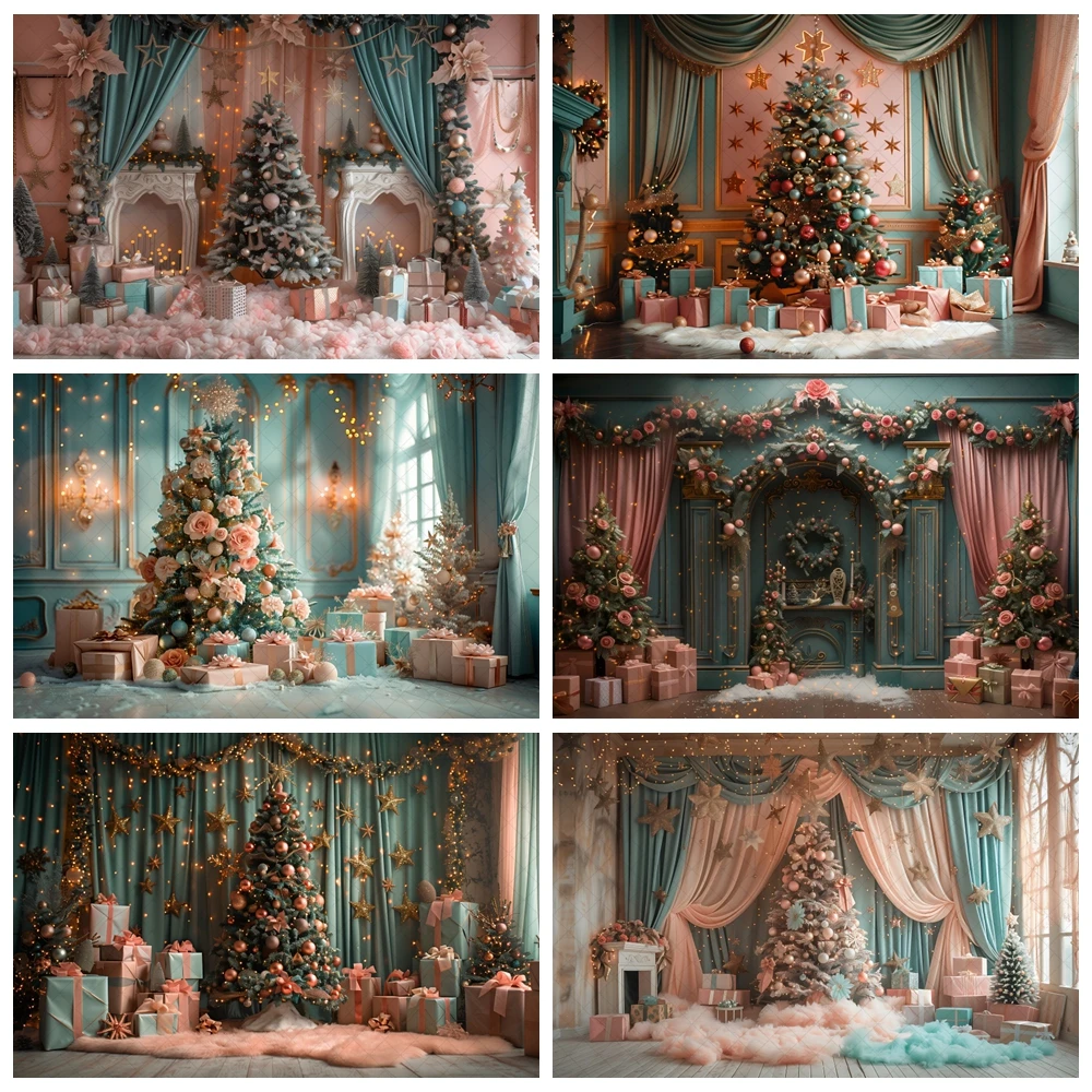 

Christmas tree home improvement photography background pink fireplace curtain sofa new year photo background shooting props