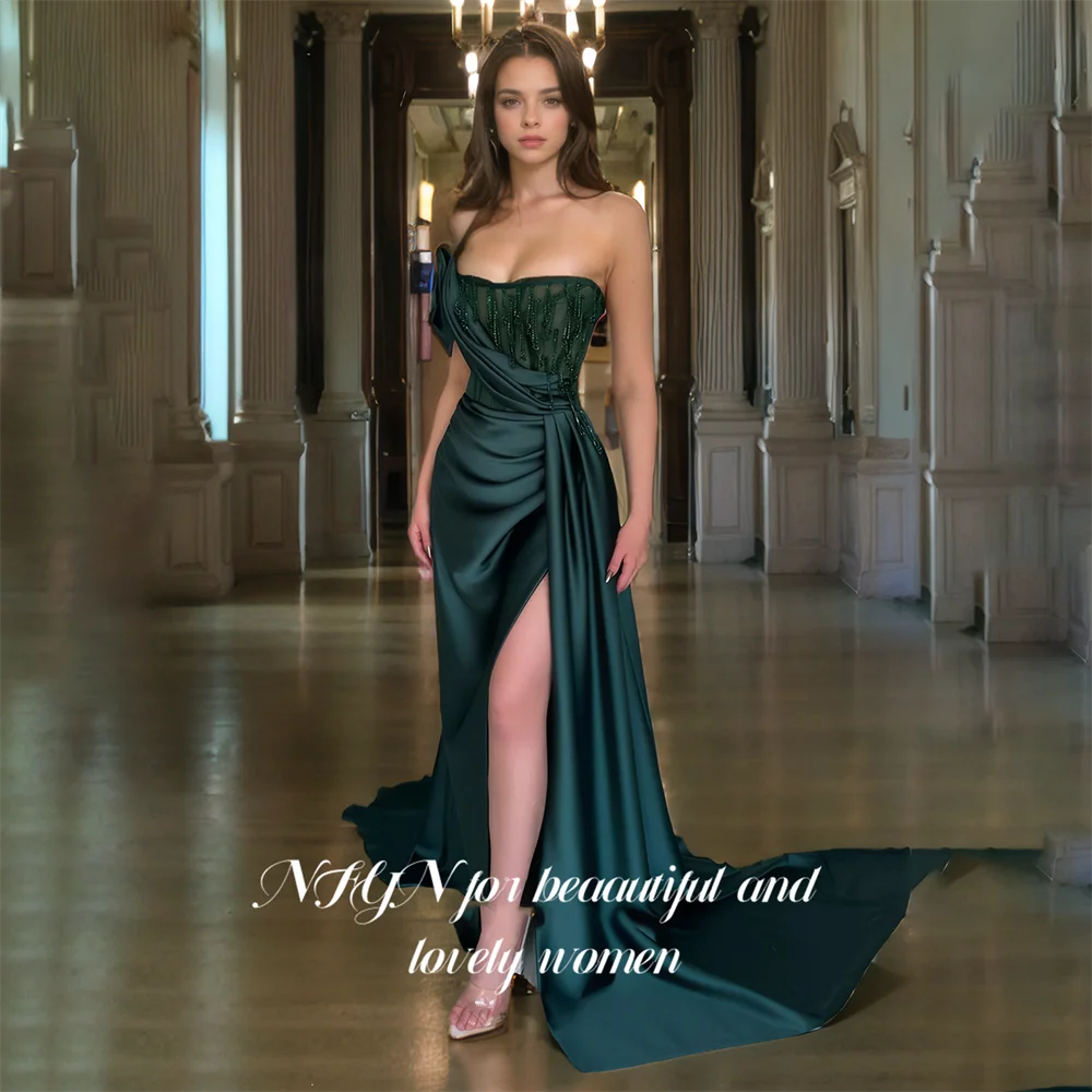 

NFYN Dark Green Mermaid Lace Formal Party Gown Stain Strapless Evening Dresses Beaded Celebrity Dress with High Split Customized