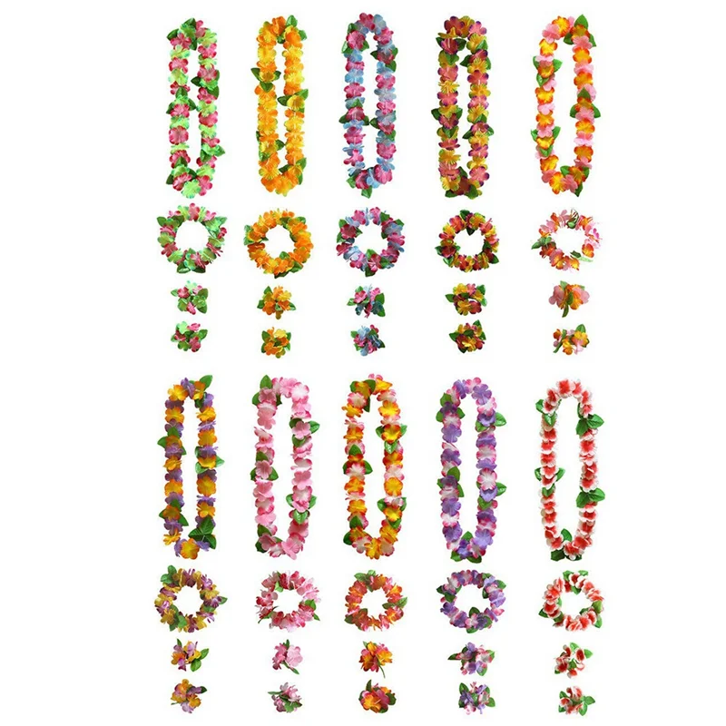 10 Sets Hawaiian Flower Leis Tropical Luau Party Supplies of Hula Garland Necklaces Bracelets for Hawaii Decorations