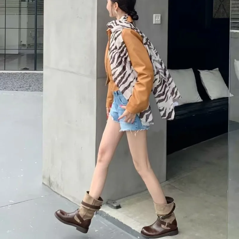 Women Women Niche Vintage Western Mid Calf Boots Faux Leather Suede Patchwork Double Buckle Round Toe Low Block Heel Daily Wear Ladies - Aliexpress Deal