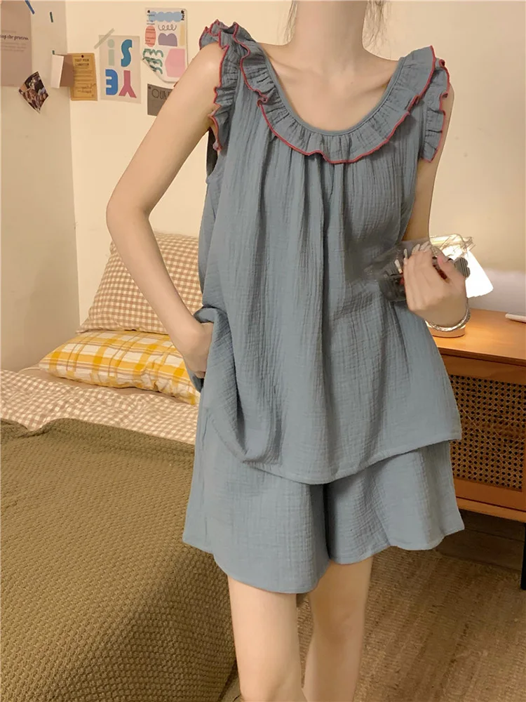 

Cotton Real shooting Solid Simple Sweet Summer Sleeveless Pajama Set Women Girlish Style Korean Loose NightDress Casual Elegant