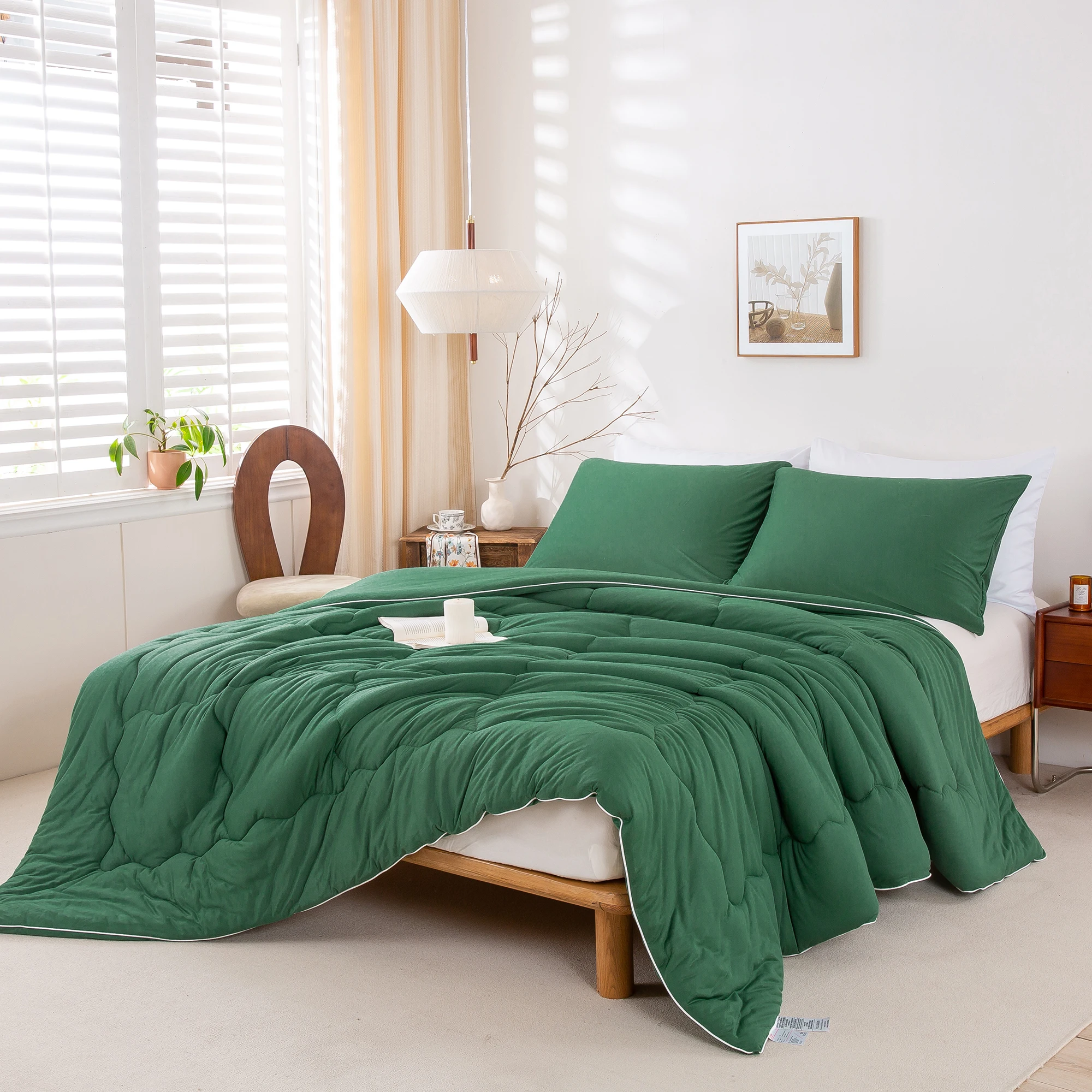 

Twin XL Size Reversible Emerald Forest Green Ultra-Soft Comforter Set Knit Cotton Cozy Fully Breathable Bedding 2 Pillowcase