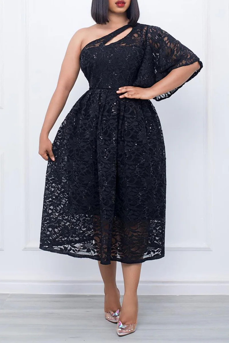 Plus Size Black Daily One Shoulder Lace Cut Out Midi Dresses