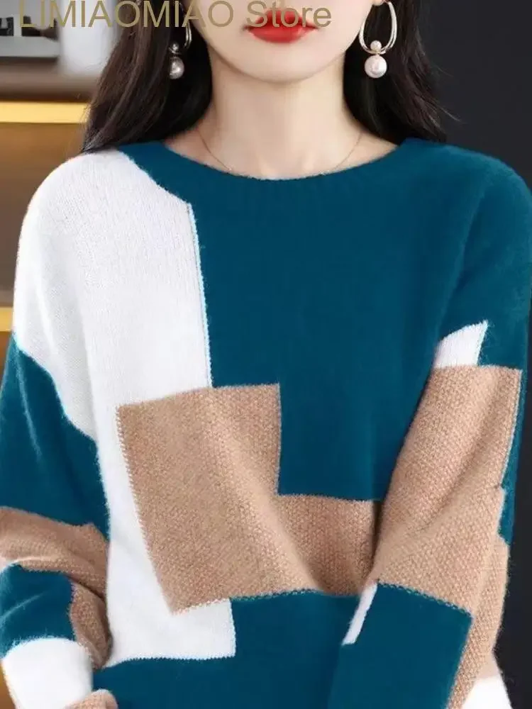 

New Fashion Women Sweaters Autumn Winter O-Neck Knitted Pullover Top Contrast Color Oversized Sweater Women Clothing Knitwears