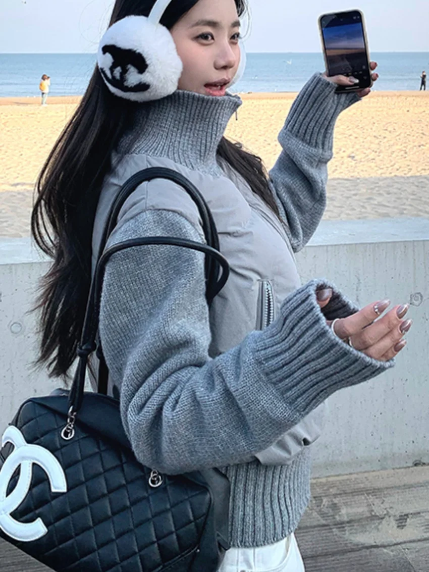 エイリアンキティ ニットダウンジャケット パッチワーク レディース 新作コート 冬 2025 デイリーストリートウェア ルーズ オフィスレディー シック スリム ルーズ