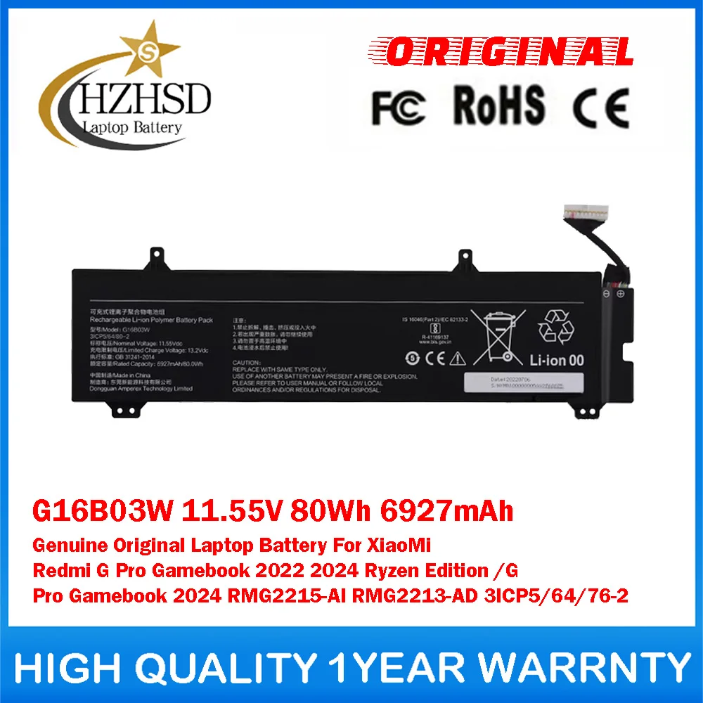 G16B03W 11.55V 80Wh 6927mAh Genuine Original Laptop Battery For XiaoMi Redmi G Pro GameBook 2022 2024 Ryzen Edition/G RMG2215-AI