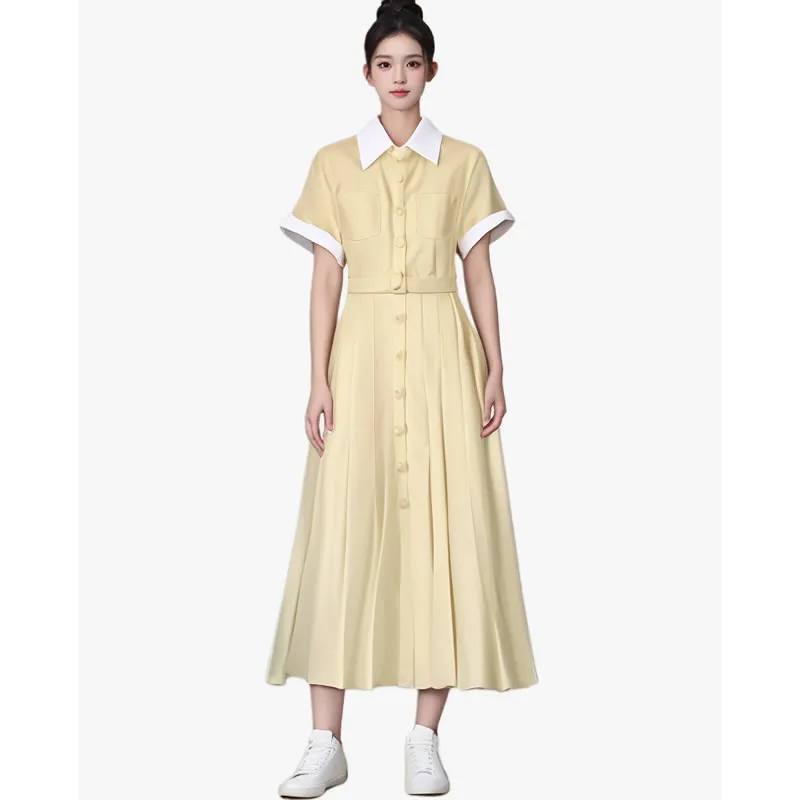 

Women Yellow Dress Short Sleeve Turn-Down Collar Single Breasted Dresses