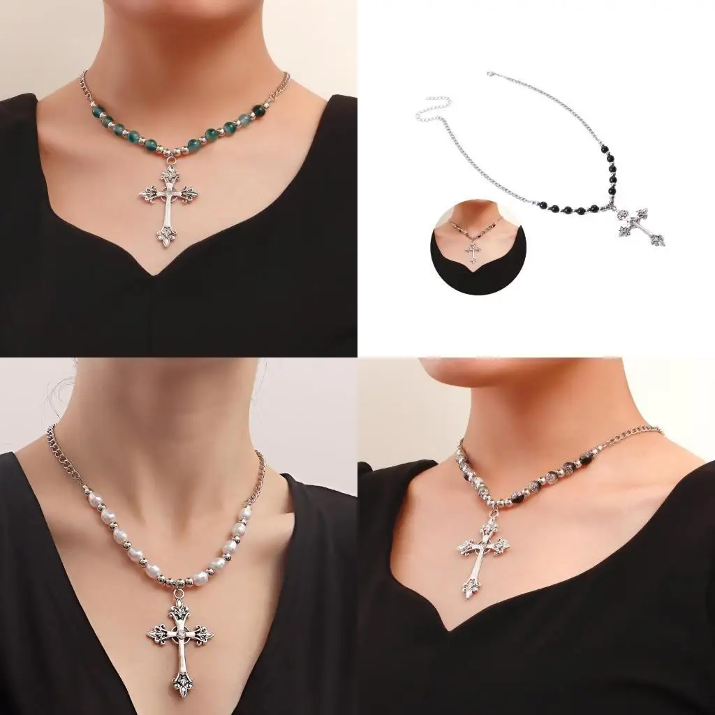 

31BB Pearl Pendant Necklace Hip Hop Retro Beaded Necklace Religious Jewelry