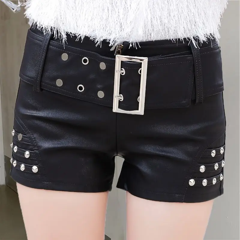 

Spring Summer Autumn Women Fashion Black PU Shorts Moto & Biker Slim Faux Leather Shorts