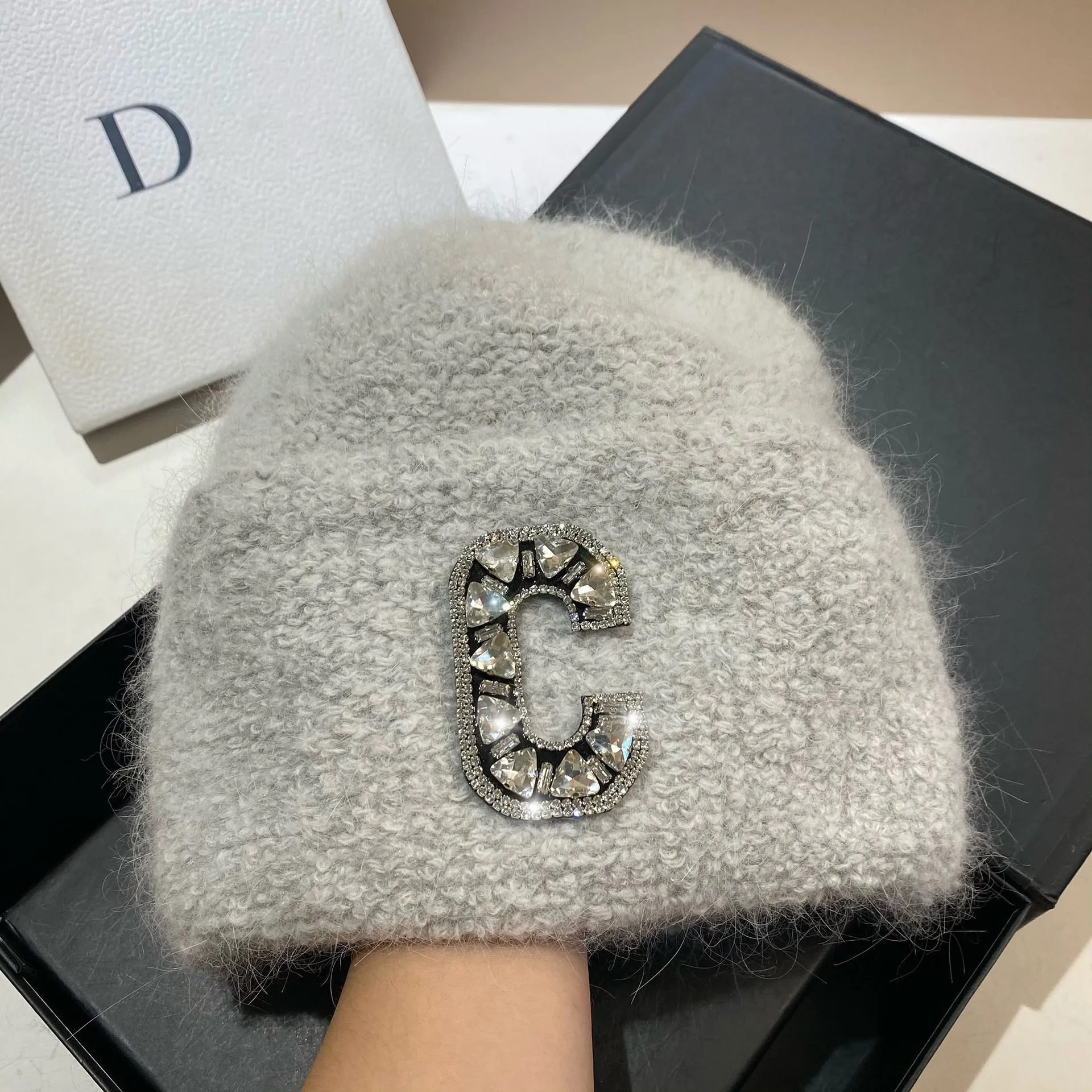 Luxury Rhinestones Letter C Women\'s Winter Beanie Real Rabbit Fur Knitted Hat Lady Warm Walking Bonnet Woolen Skullies Beanies