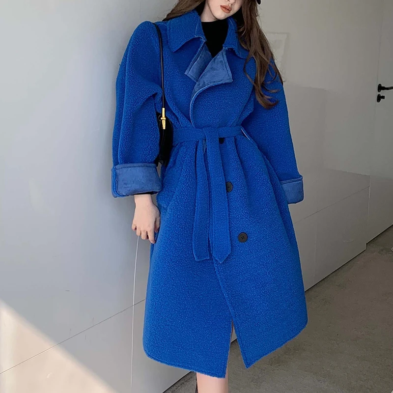 

2024 Blue Yin Blue One piece Coat Imitation Lamb Wool Coat Women's Winter Mid long Thick Hepburn Style Long Coat