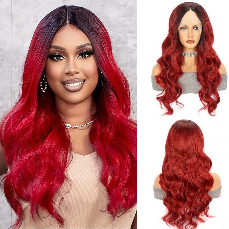 

Gradient black red front lace female big wave medium parted long curly hair chemical fiber head cover wigs