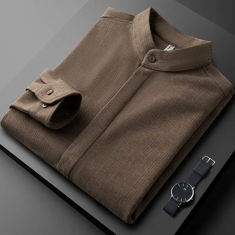 

Smart Casual Spring and Autumn New Men Stand Collar Solid Covered Button Fashion Luxury Business Slim Long Sleeve Shirts Tops